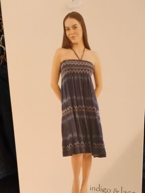 Denim Convertible Strapless Halter Midi Dress Or Skirt Embroidered Hem